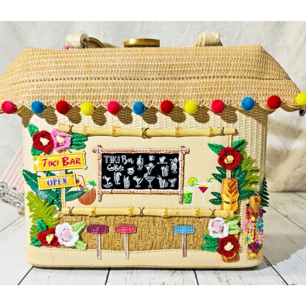 NWT Vendula Tiki Bar Grab Bag Rare Retired Beige 9"x11" Straw Crossbody Vegan - Picture 2 of 16